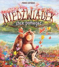 Okładka książki dla dzieci na której widać niedźwiadka i jeżyka na łące wśród motylków.