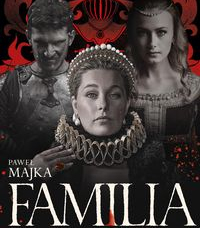 Okładka książki na której widać trzy postacie w dworskich strojach na ciemno czerwonym tle.