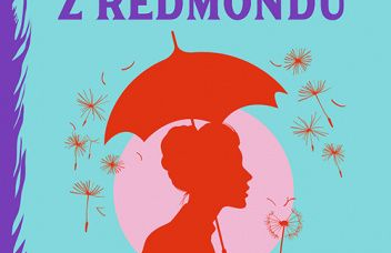 Na turkusowym tle czerwony profil Anny pod parasolem