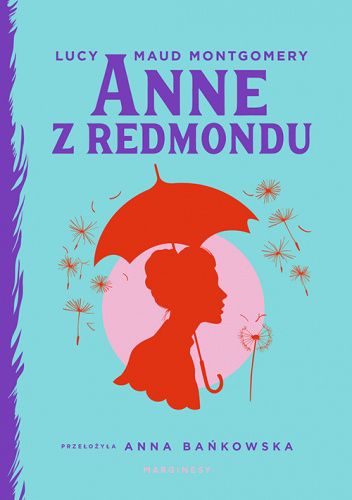 Na turkusowym tle czerwony profil Anny pod parasolem