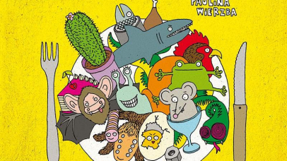 Na żółtym tle talerz obfitości i sztućce