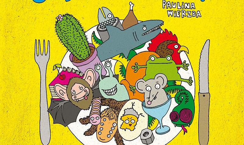 Na żółtym tle talerz obfitości i sztućce