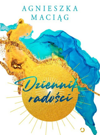 Na białym tle złote słońce i rozlana żółta i niebieska farba