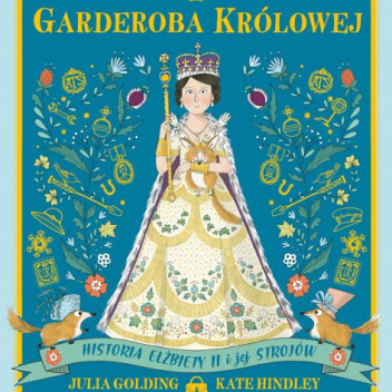 Na niebieskim tle rysunek królowej w szacie królewskiej
