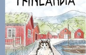 Rysunek kota na moście a tle skandynawskie domki