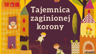 Na żółtym tle rysunek zamku i dwóch chłopców