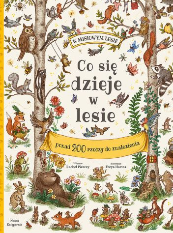 Dwa drzewa a wśród nich liście, rośliny i zwierzątka leśne