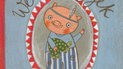 Na niebieskim tle narysowany portret Wesołego Ryjka