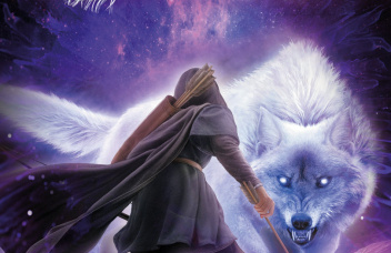 Tył wojownika w pelerynie a naprzeciw wielki biały wilk