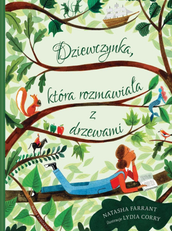 Rysunek dziewczynki leżącej na gałęzi drzewa i czytającej książkę
