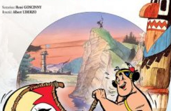 Na jasnym tle rysunek młodego indianina w łódce, w tle góry i totem