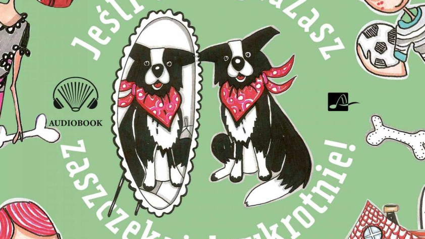 Na zielonym tle rysunek dwóch czarno-białych piesków