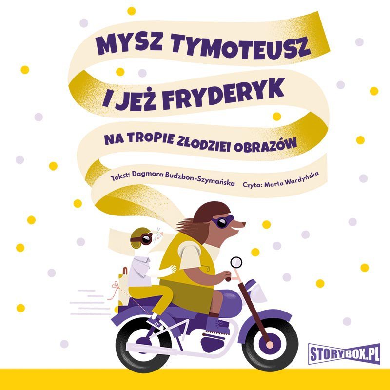 Na białym tle rysunek mysz i jeża jadących na motorze