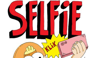 Na białym tle kolorowy rysunek chłopca w czapce, który robi sobie selfi