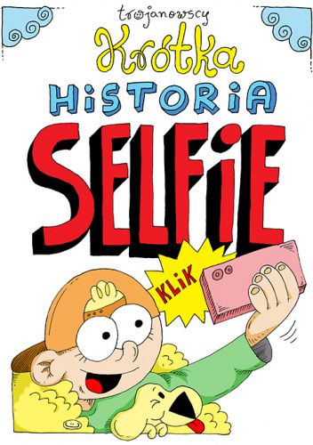 Na białym tle kolorowy rysunek chłopca w czapce, który robi sobie selfi