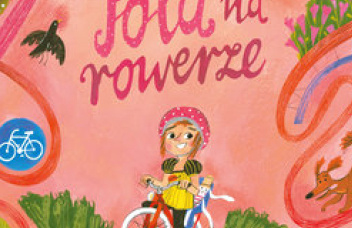 Na różowym tle rysunek dziewczynki jadącej rowerem krętymi ścieżkami
