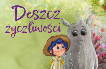 Na zielonym tle dziewczynka z e stworkiem