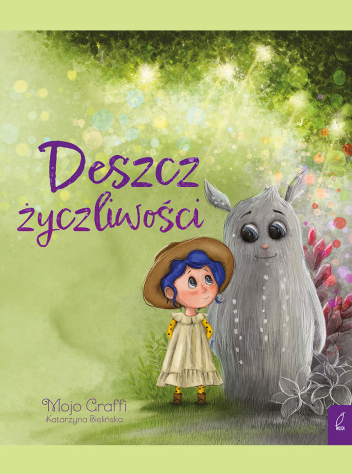 Na zielonym tle dziewczynka z e stworkiem