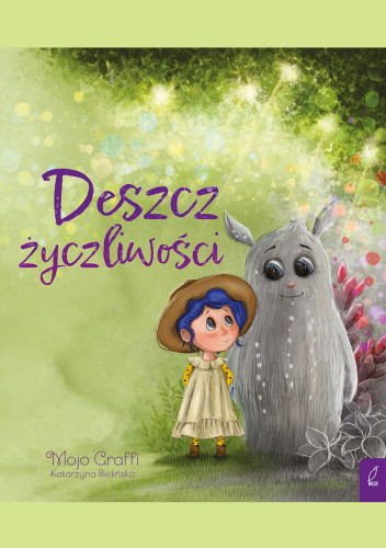 Na zielonym tle dziewczynka z e stworkiem