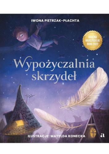 Na tle nocy latający chłopiec i opadające dwa skrzydła